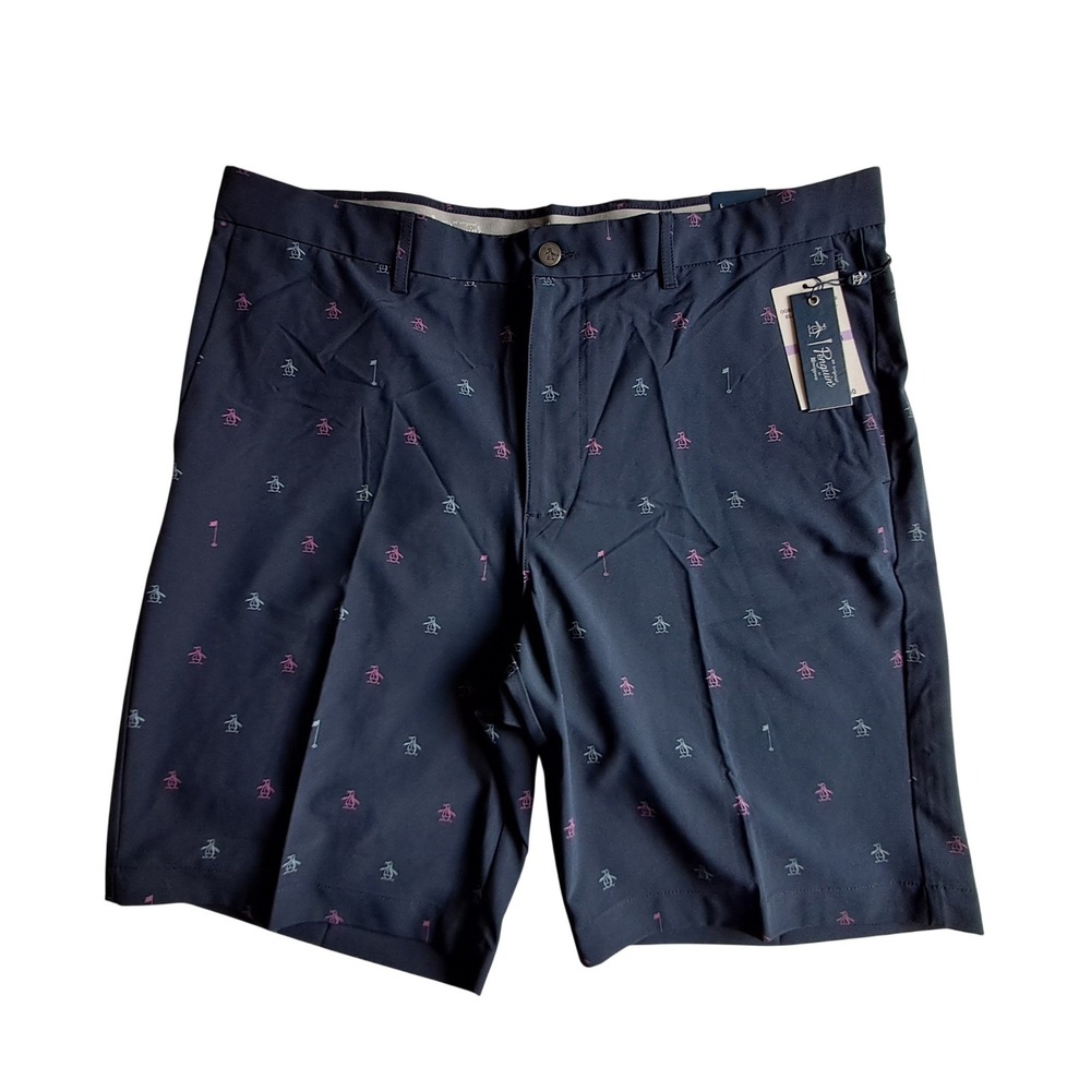 Original Penguin Mens Golf Shorts Slim Fit Stretch Blue Logo Print 38 OGBS9043SU